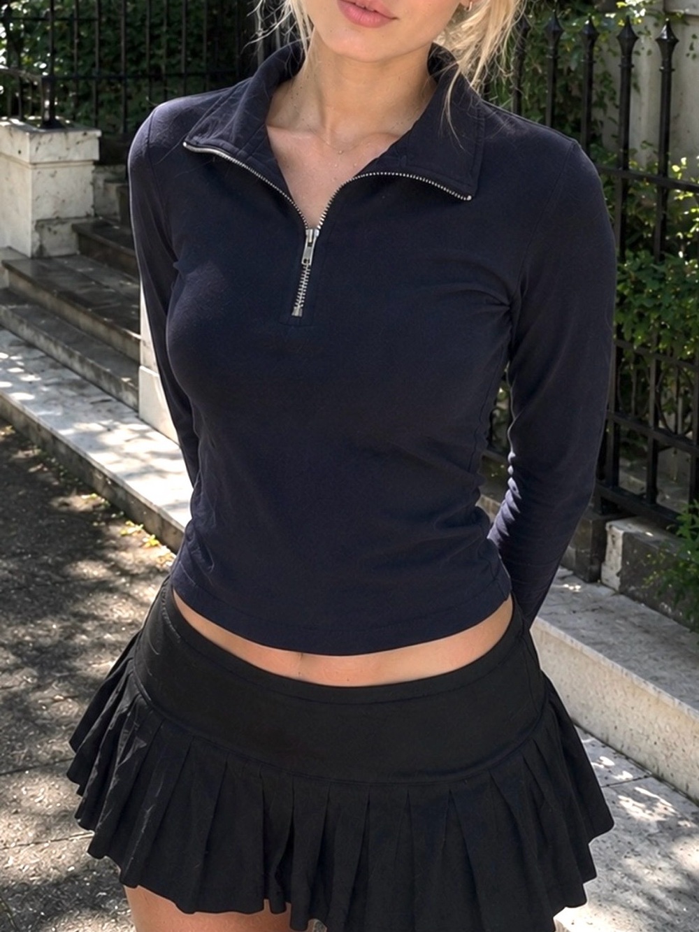 Navy Blue Essential Versatile Stylish Cozy Long Sleeve Half-Zip Top- Women’s
